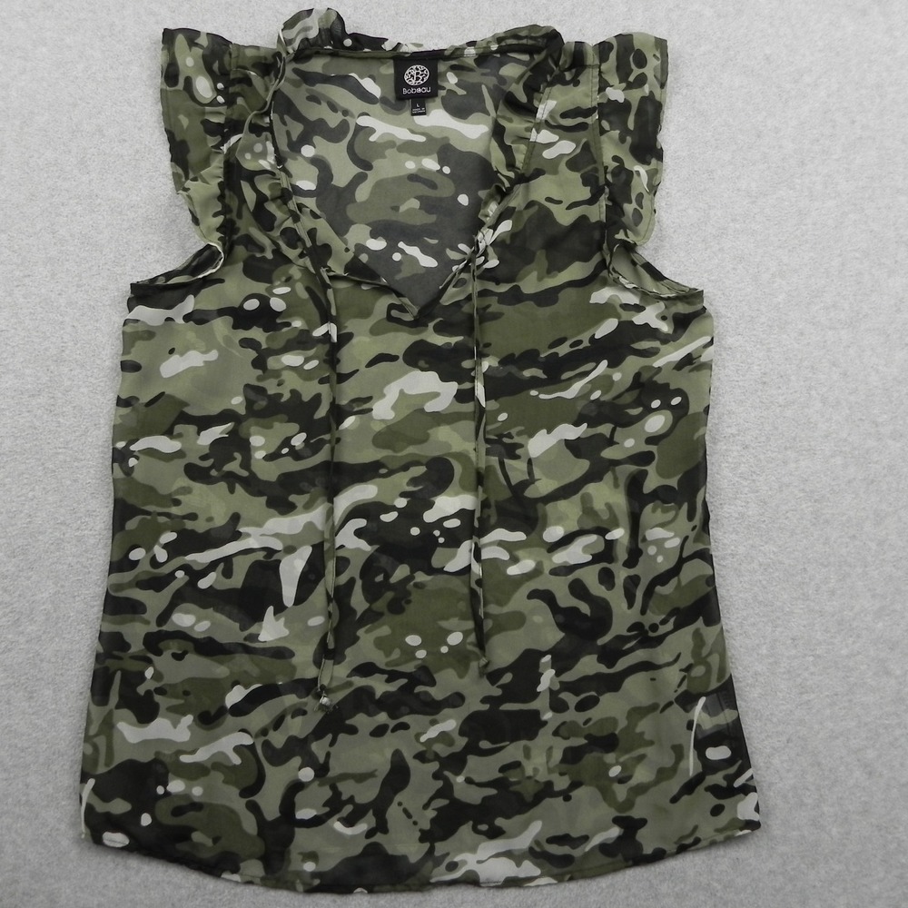 Bobeau Top Womens Large Sheer Ruffle V-Neck Blouse Army Green Camo Sleeveless